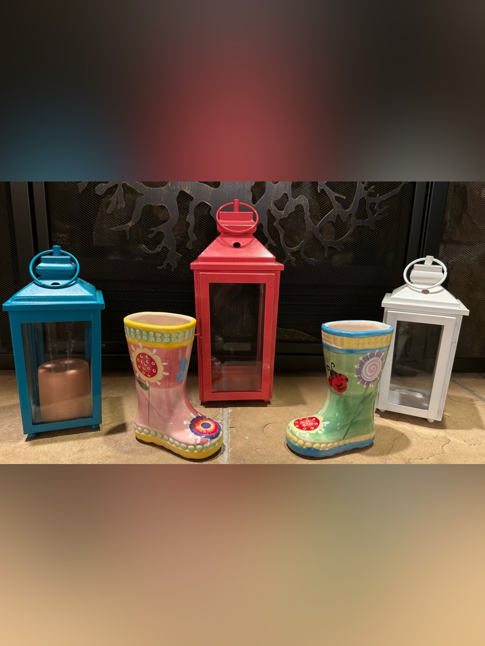 Decorative Metal Lanterns with Festive Ceramic Boots- Set 5 Garden Decor